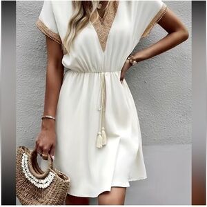 Summer off white and tan lace v neck dress